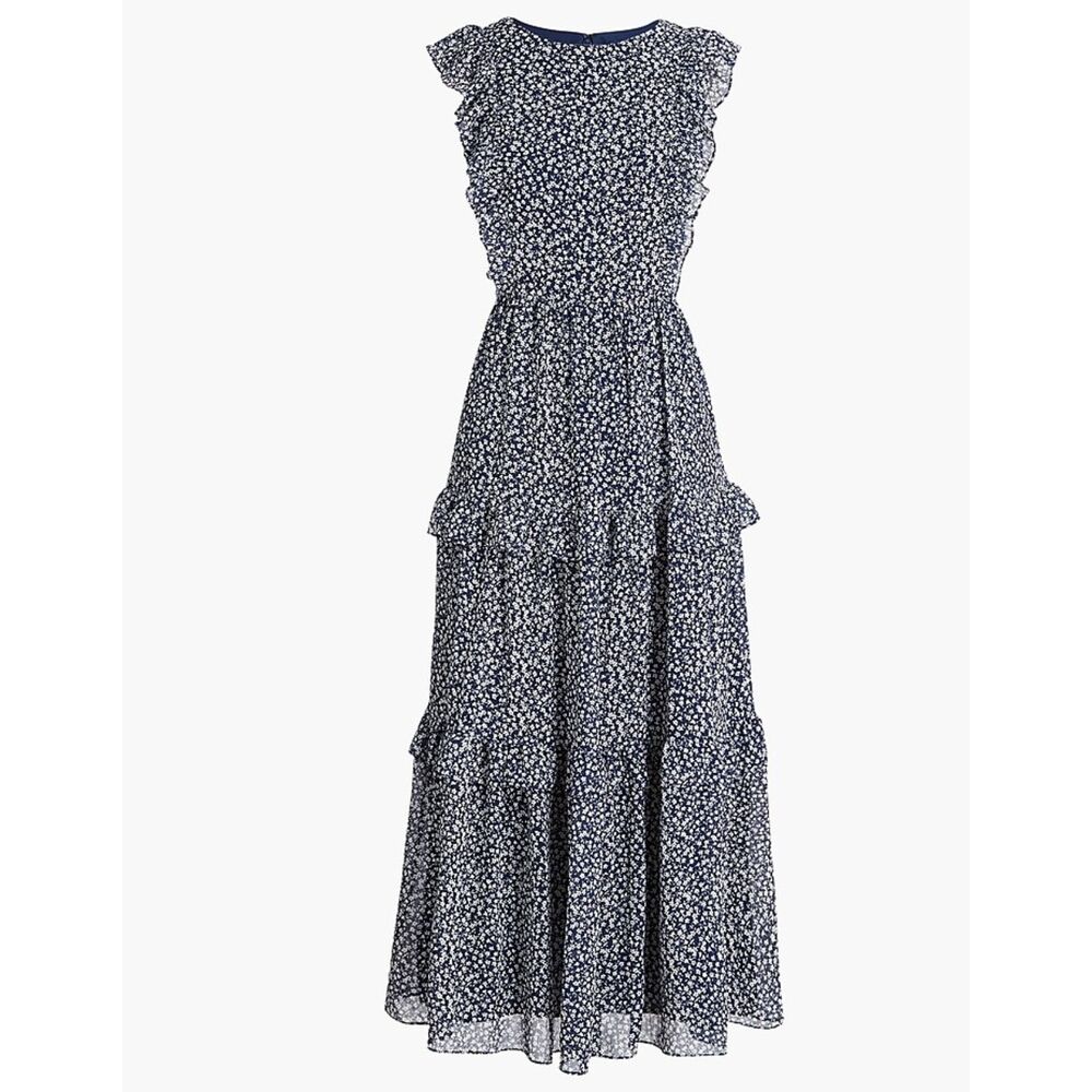 J. Crew Tiered Maxi Dress Women's 6 Navy White Floral Ruffle Prairie Cottage